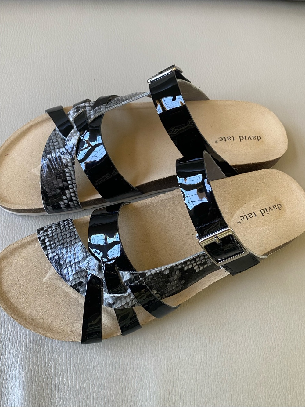 David Tate black Snakeprint sandals